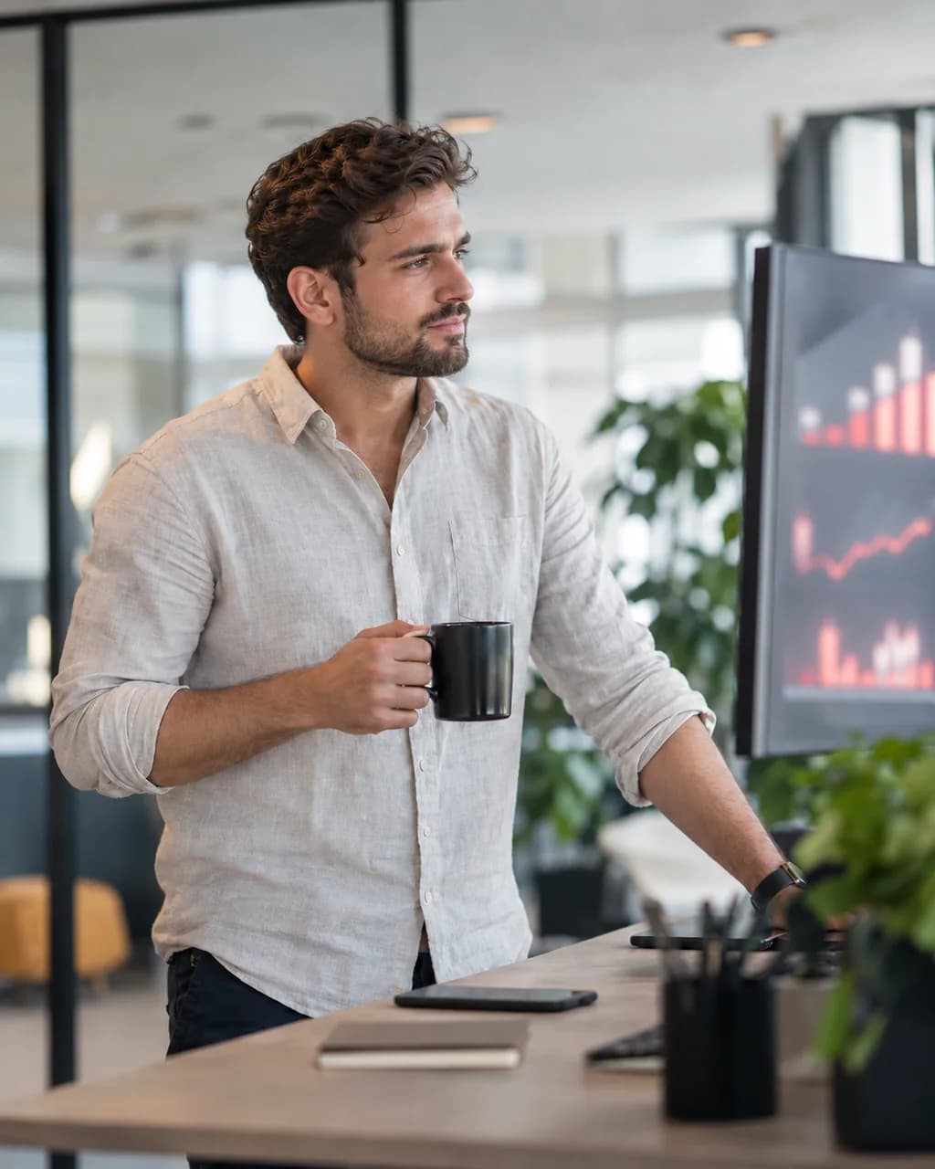 A man holding a coffee and looking at a monitor of charts in a bright office