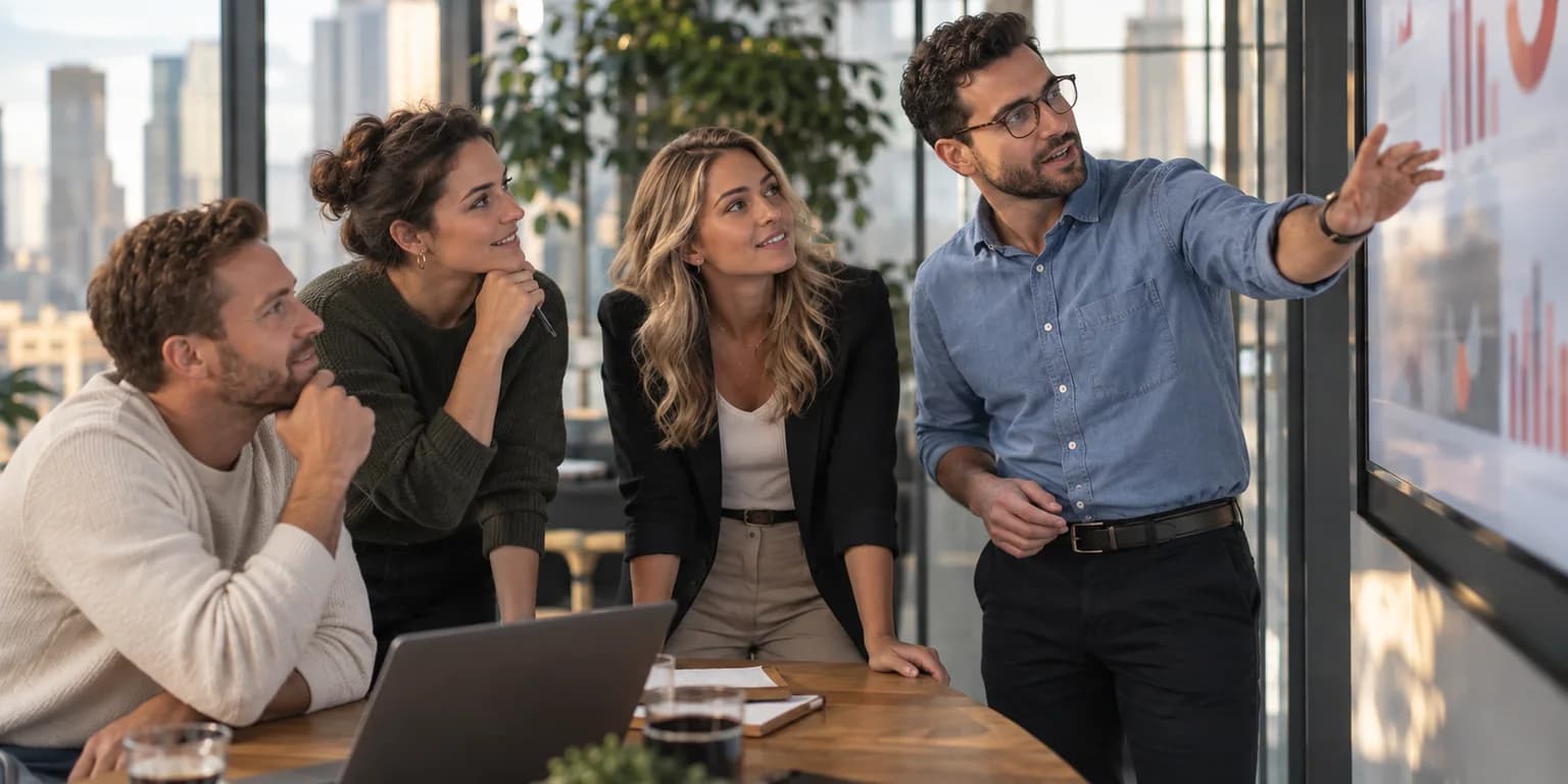 Four colleagues in a glass meeting room looking at charts on a wall display