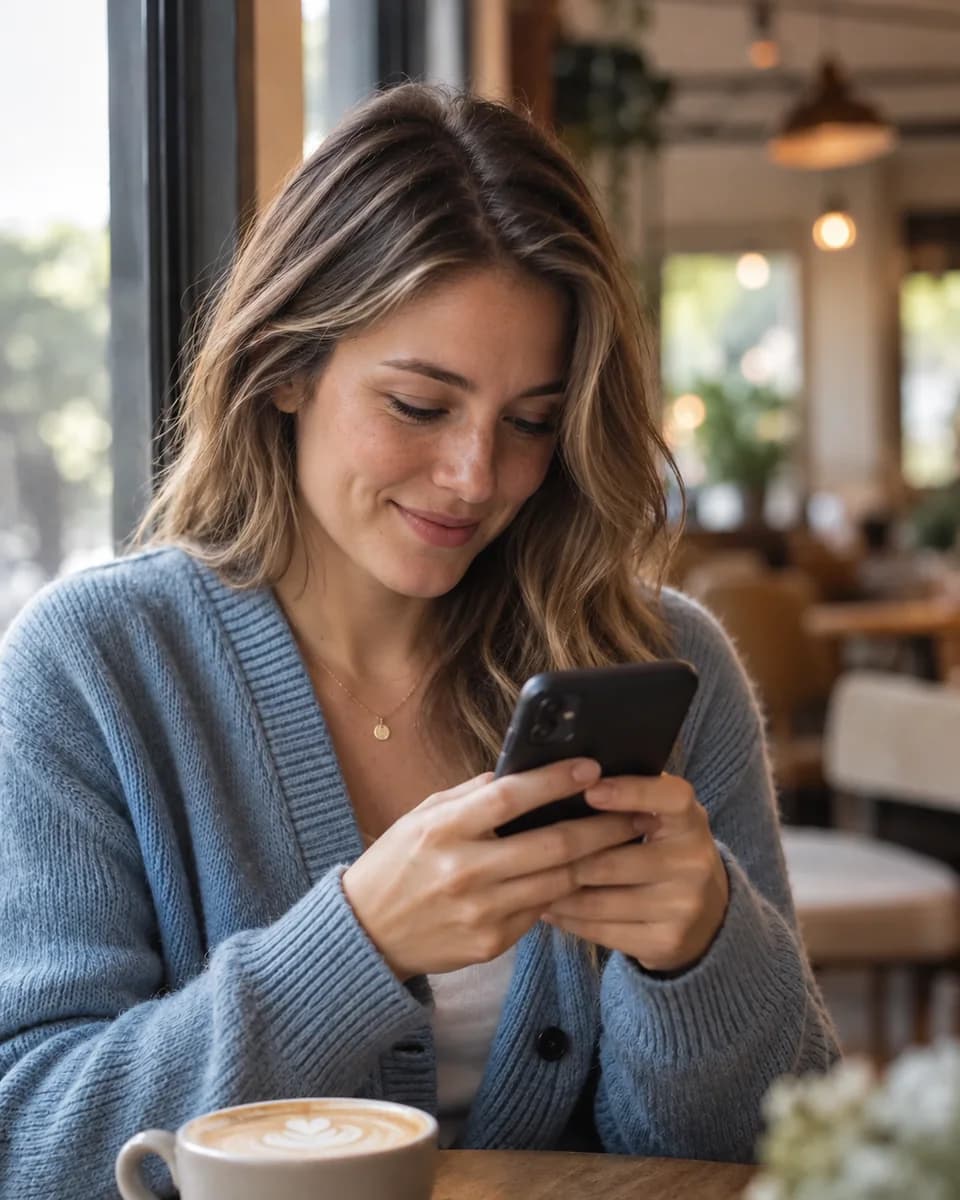 A woman smiling at her phone over a coffee in a cafe