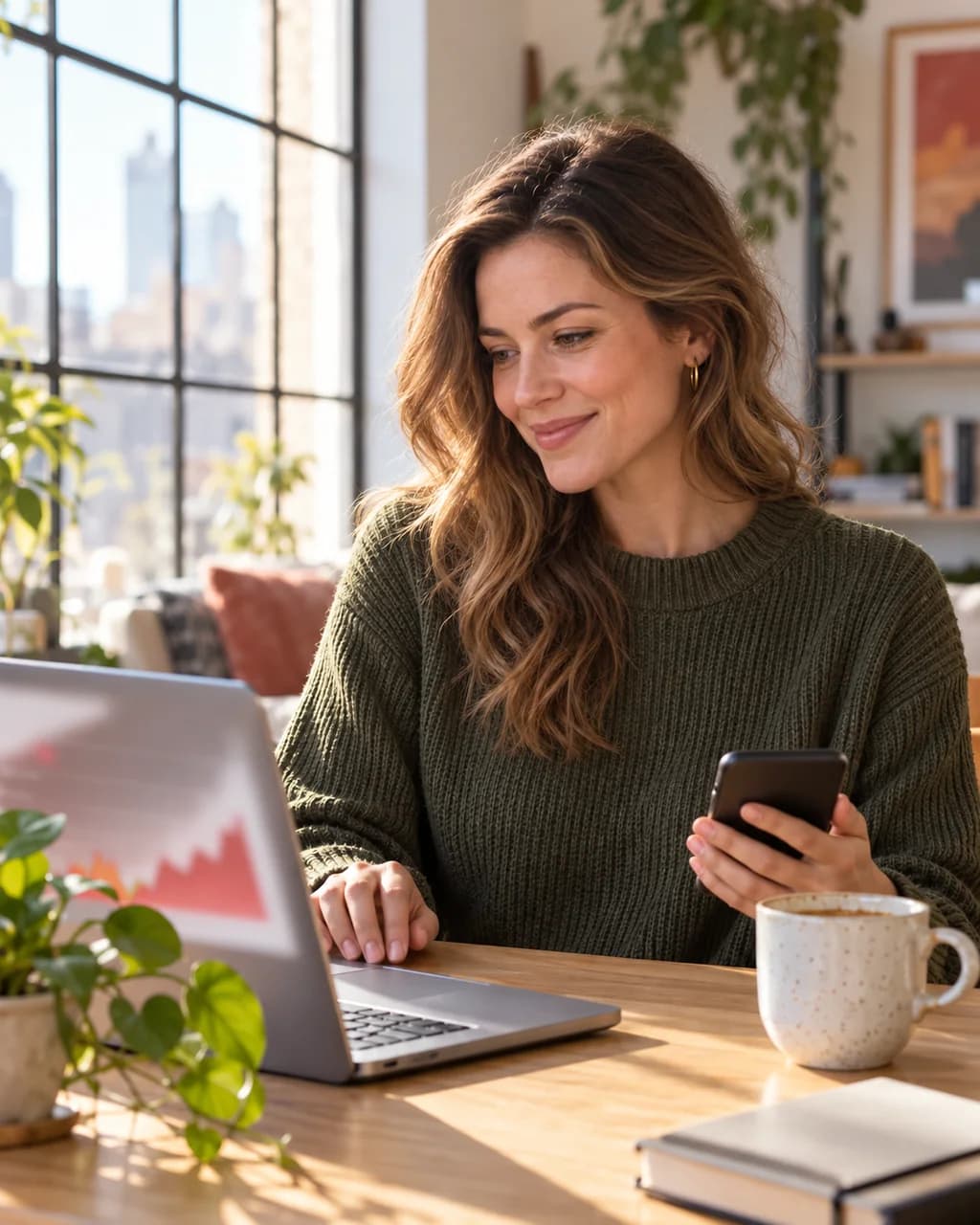A woman smiling at her laptop and phone at a sunny desk in a loft studio