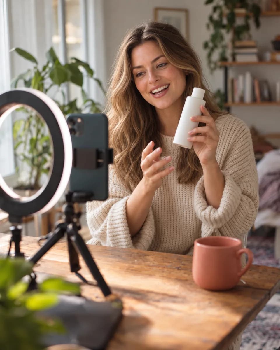 A creator filming a product video at her desk, with her phone on a tripod next to a ring light