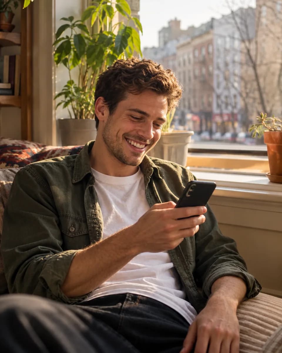 A young man laughing as he scrolls his phone on a sunny window seat